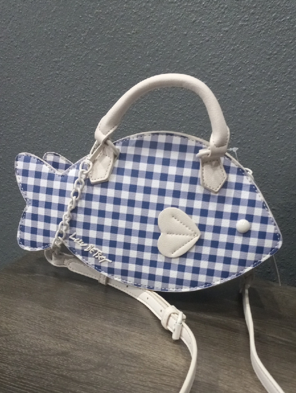 Betsey Johnson Blue Gingham Fish Crossbody Bag with White Trim - Picture 7 of 13